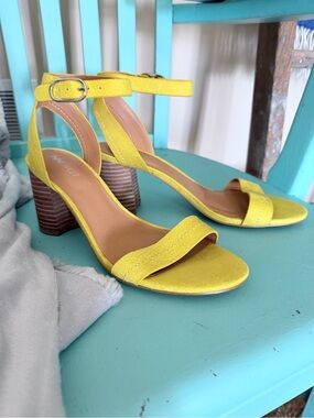 Nine West Yellow Suede Ankle-Strap Block Heel Sandals